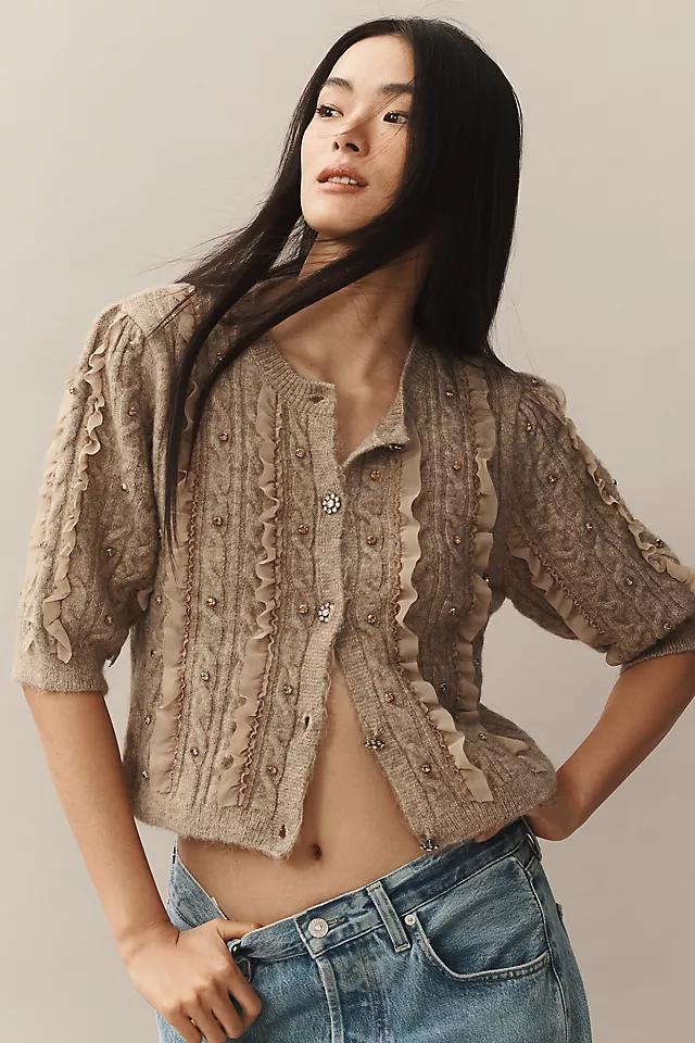 Maeve Short-Sleeve Embellished Ruffled Cardigan Sweater Product Image