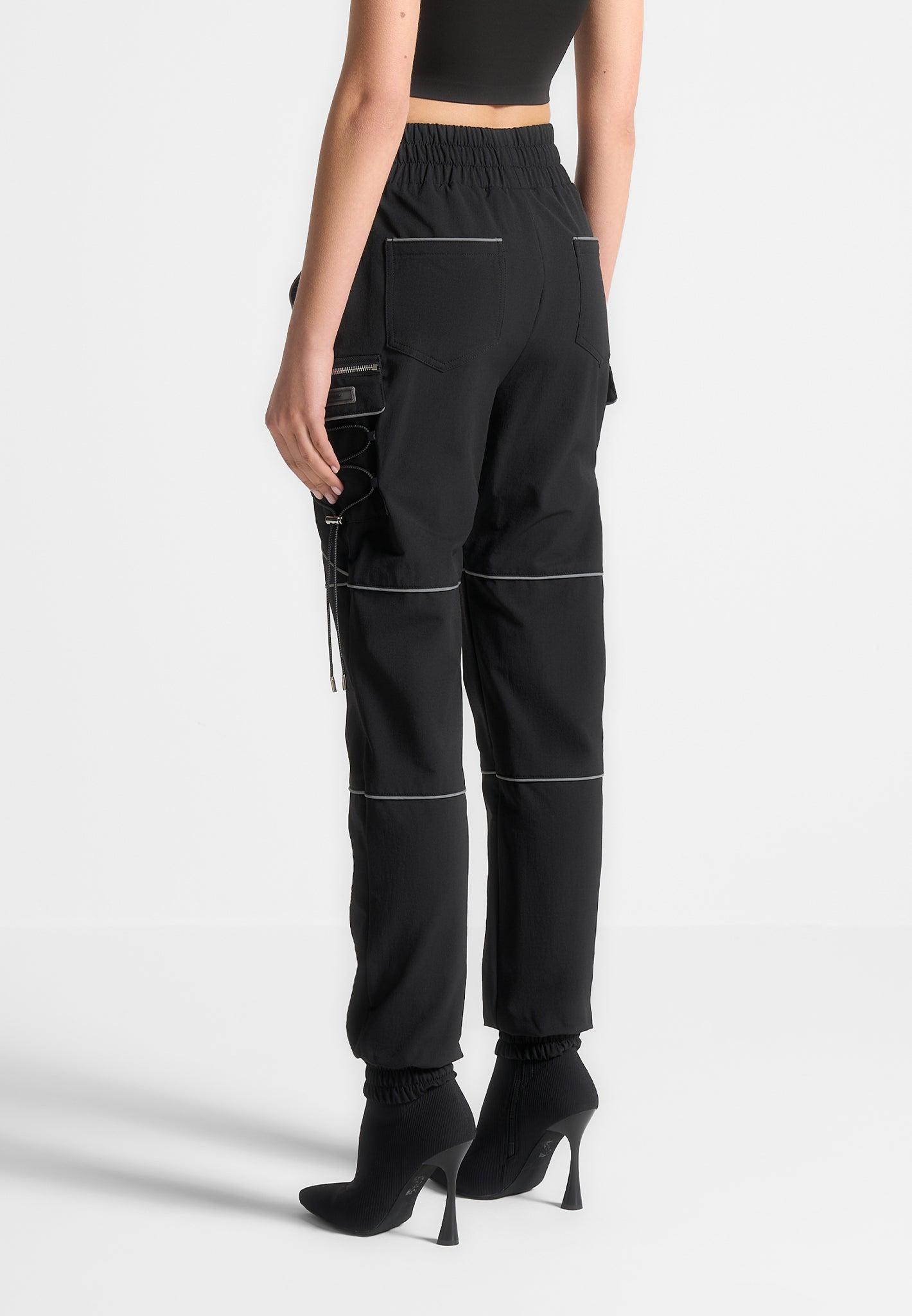 Reflective Piped Cargo Pants - Black Female Product Image