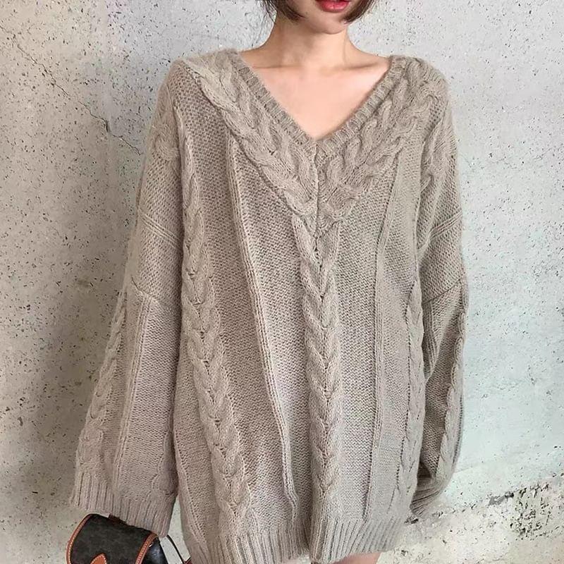 V-Neck Plain Cable-Knit Oversized Sweater product image