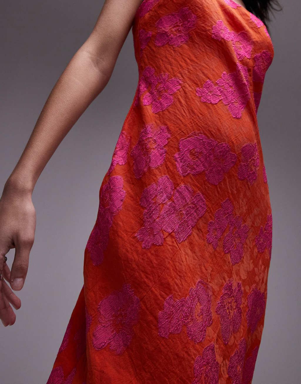 Topshop premium jacquard midi slip dress in pink and orange Product Image