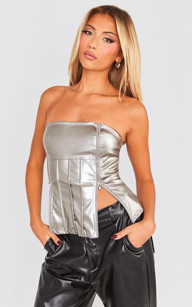 Silver Metallic Faux Leather Bandeau Zip Detail Corset Top Product Image