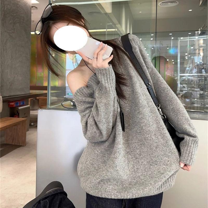 Off-Shoulder Plain Sweater Product Image