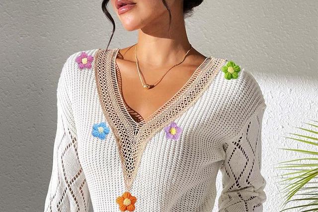 Long-Sleeve V-Neck Lace Panel Floral Accent Crochet Knit Top Product Image