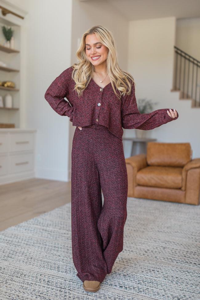 Cool Factor Dusty Burgundy Cropped Cardigan & Wide Leg Set Product Image