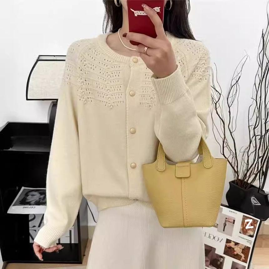 Round Neck Plain Pointelle Knit Cardigan Product Image