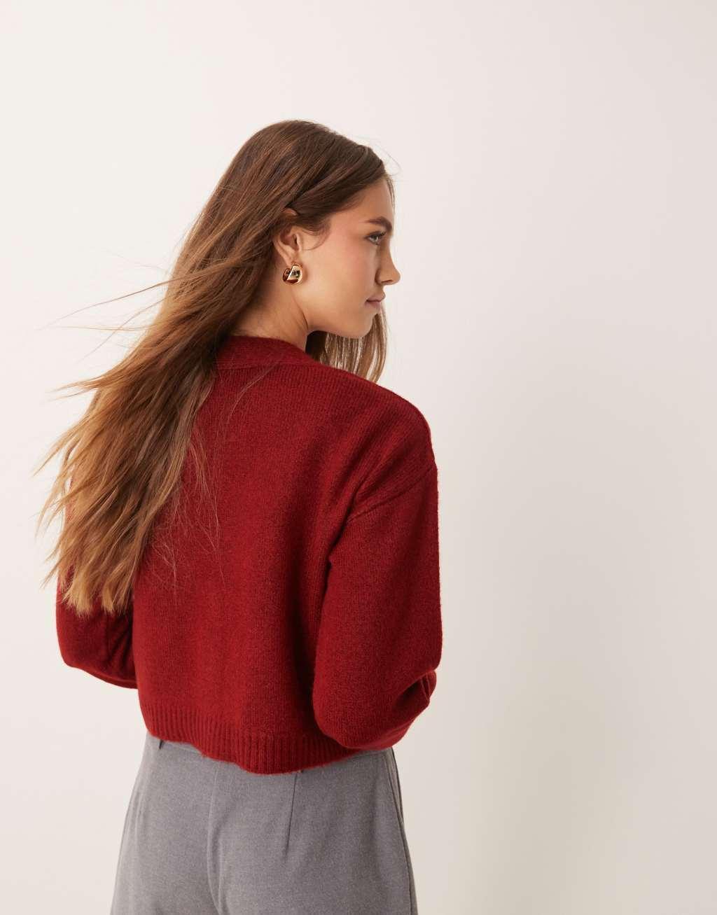 Miss Selfridge seam detail boxy cardigan in burgundy Product Image