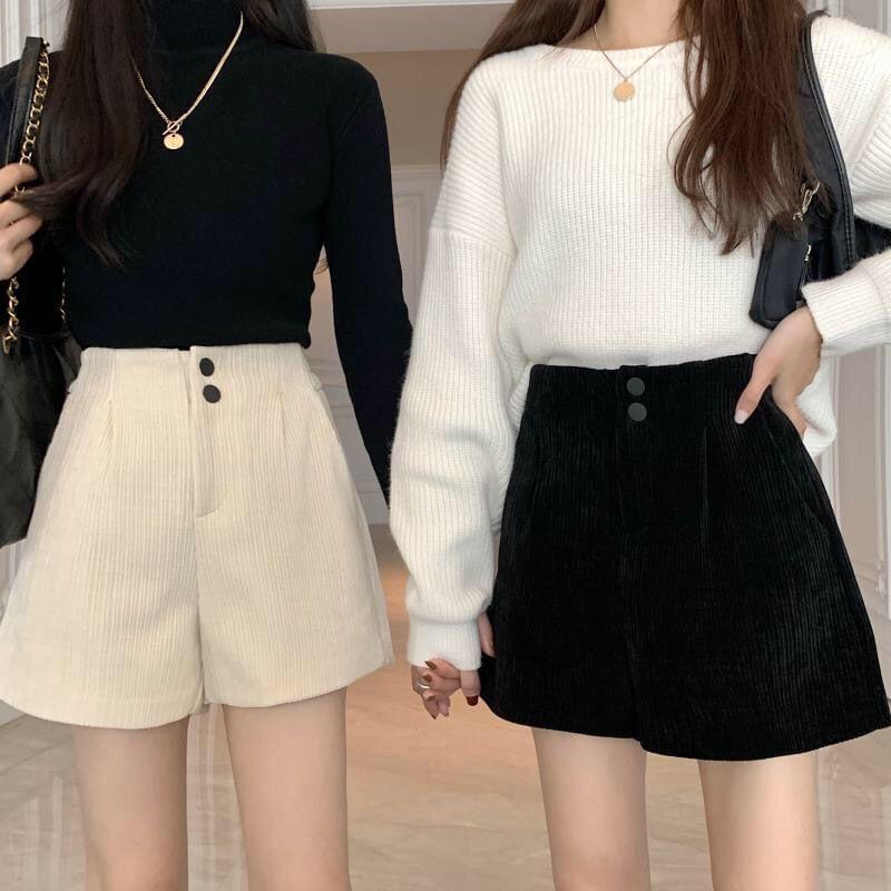 High Waist Plain Corduroy Shorts Product Image