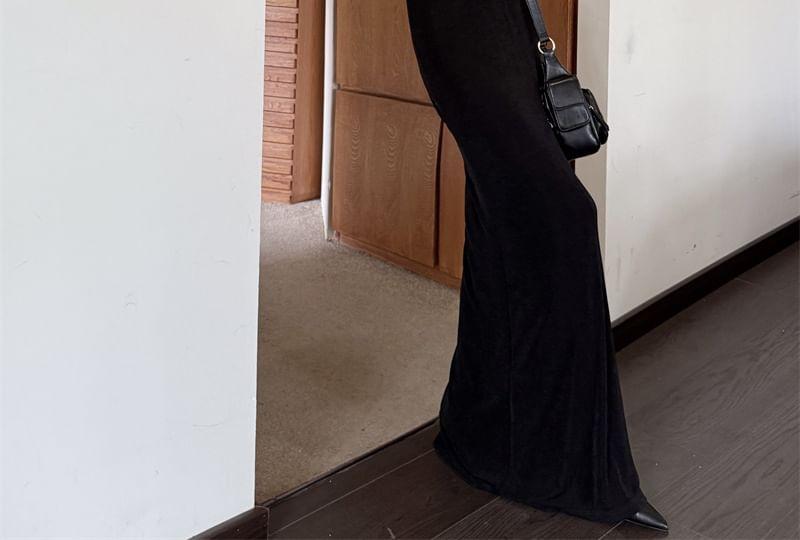 One Shoulder Long Sleeve Plain Lace Panel Maxi A-Line Dress Product Image