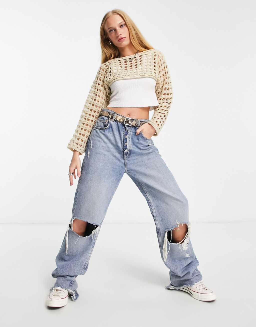 ASOS DESIGN super crop sweater in open stitch in cream product image