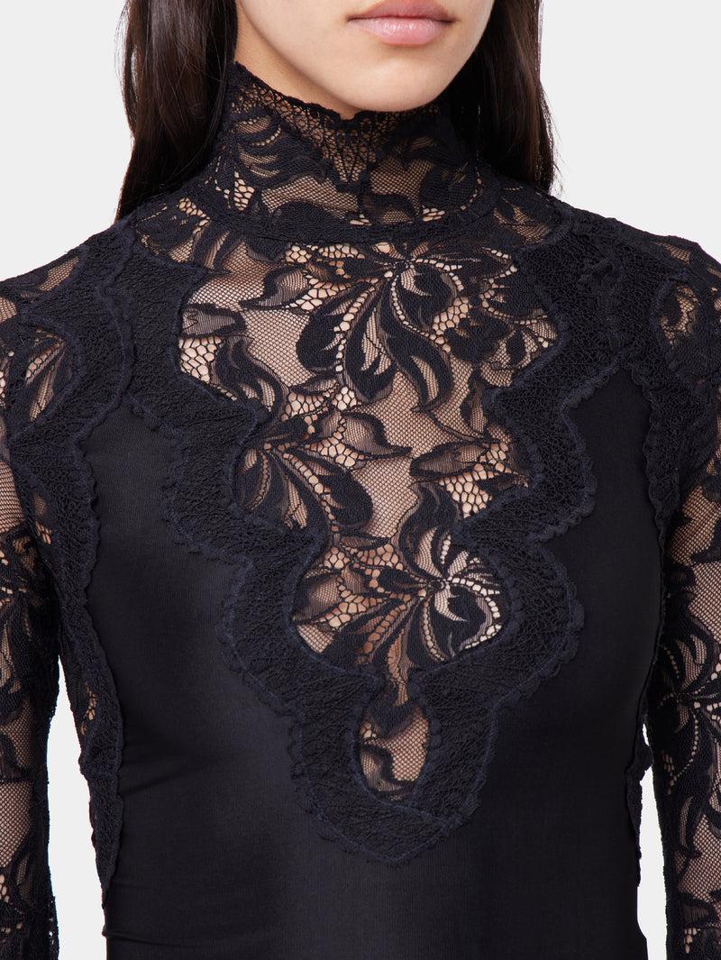 BLACK LONG SLEEVE TOP IN LACE AND JERSEY Product Image