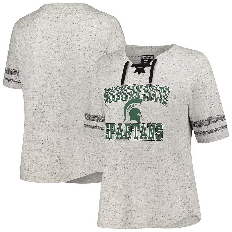 Womens Profile Heather Gray Michigan State Spartans Plus Size Striped Lace-Up T-Shirt Product Image