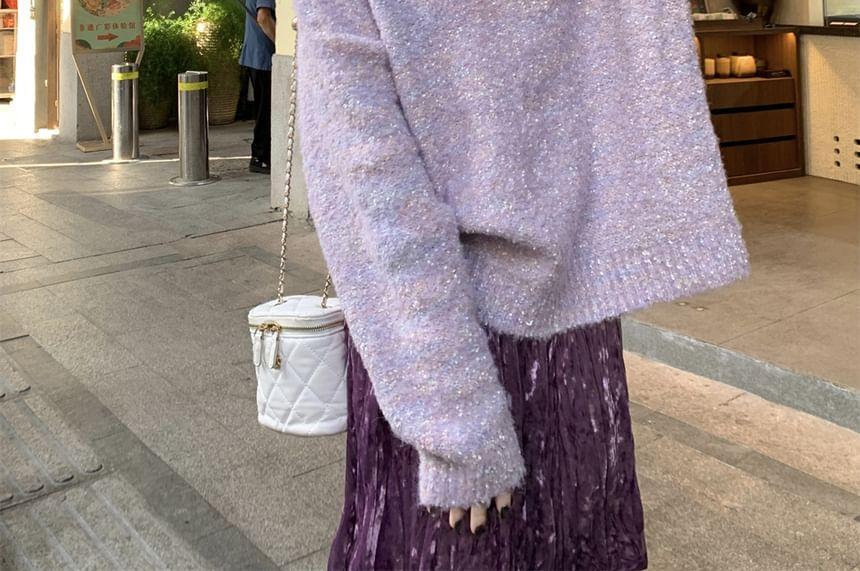 Oversized Melange Knit Sweater / Glitter Pleated Maxi Skirt Product Image