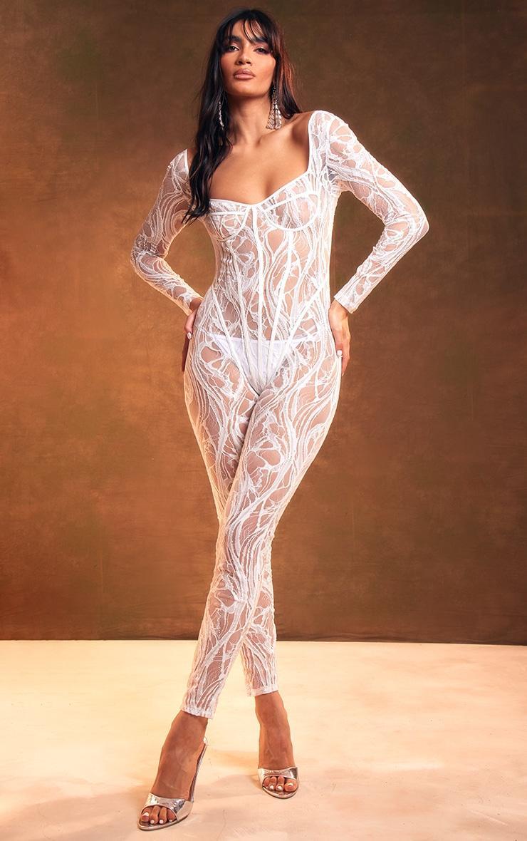 White Lace Diamante Underwired Long Sleeve Jumpsuit Product Image