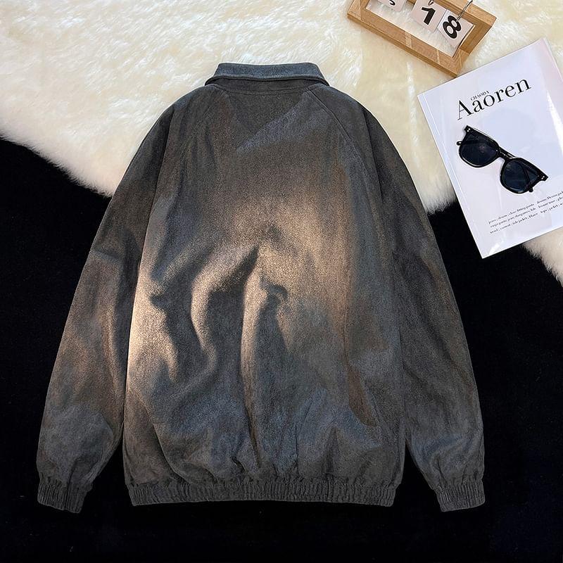 Lapel Collar Plain faux Leather Button Up Jacket Product Image