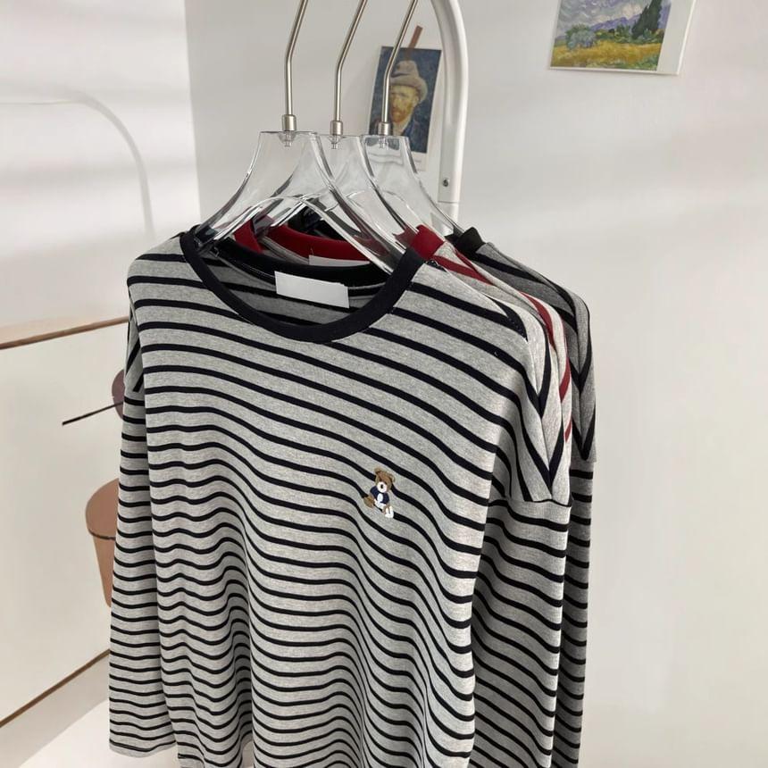 Long Sleeve Drop Shoulder Round Neck Striped Tee Product Image