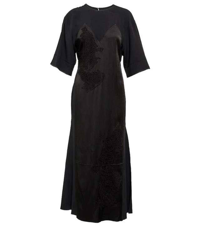 Floral-lace Short-sleeve Crepe Midi Dress In Black Product Image