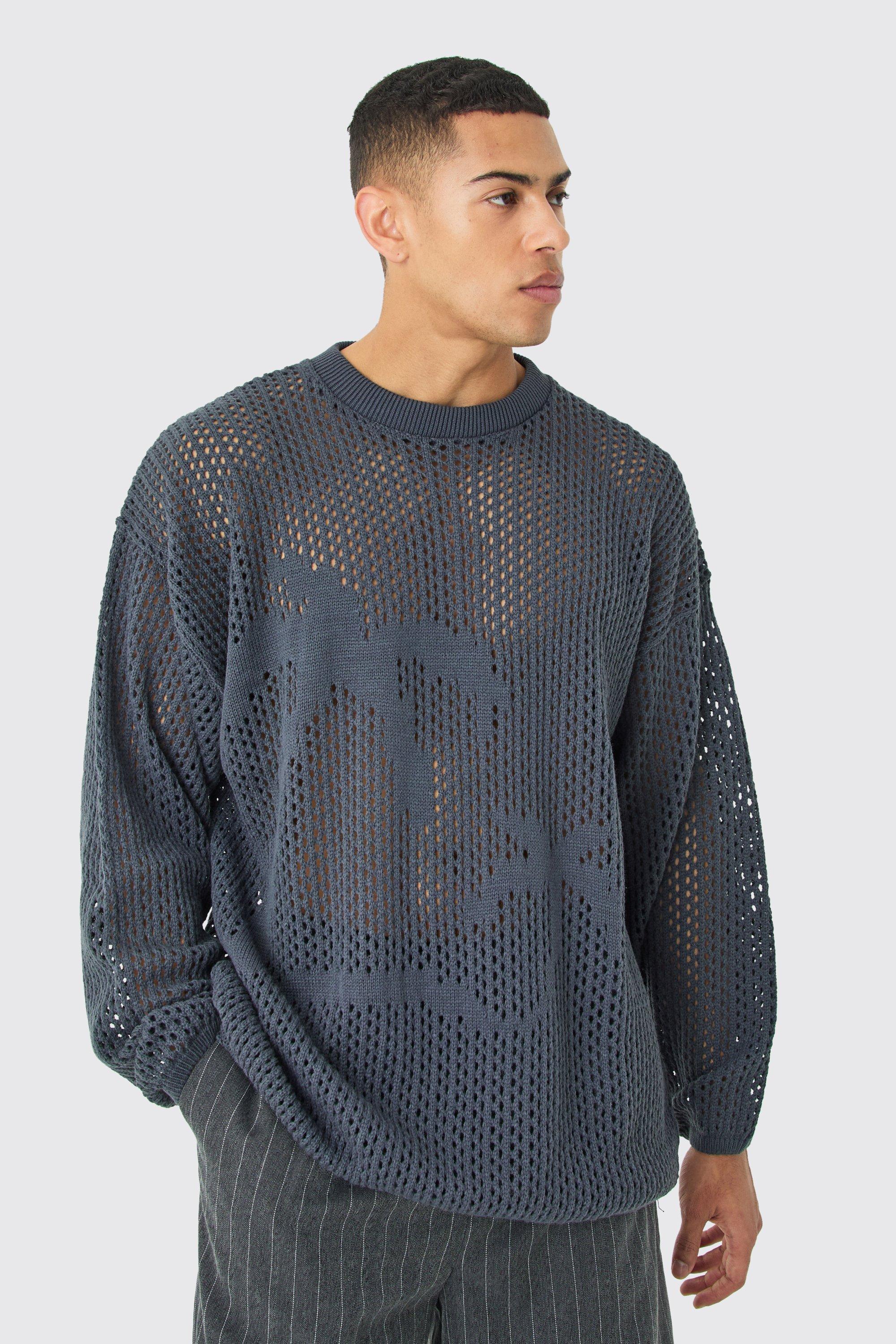 Mens Grey Oversized Open Stitch Palm Knitted Jumper, Grey Product Image