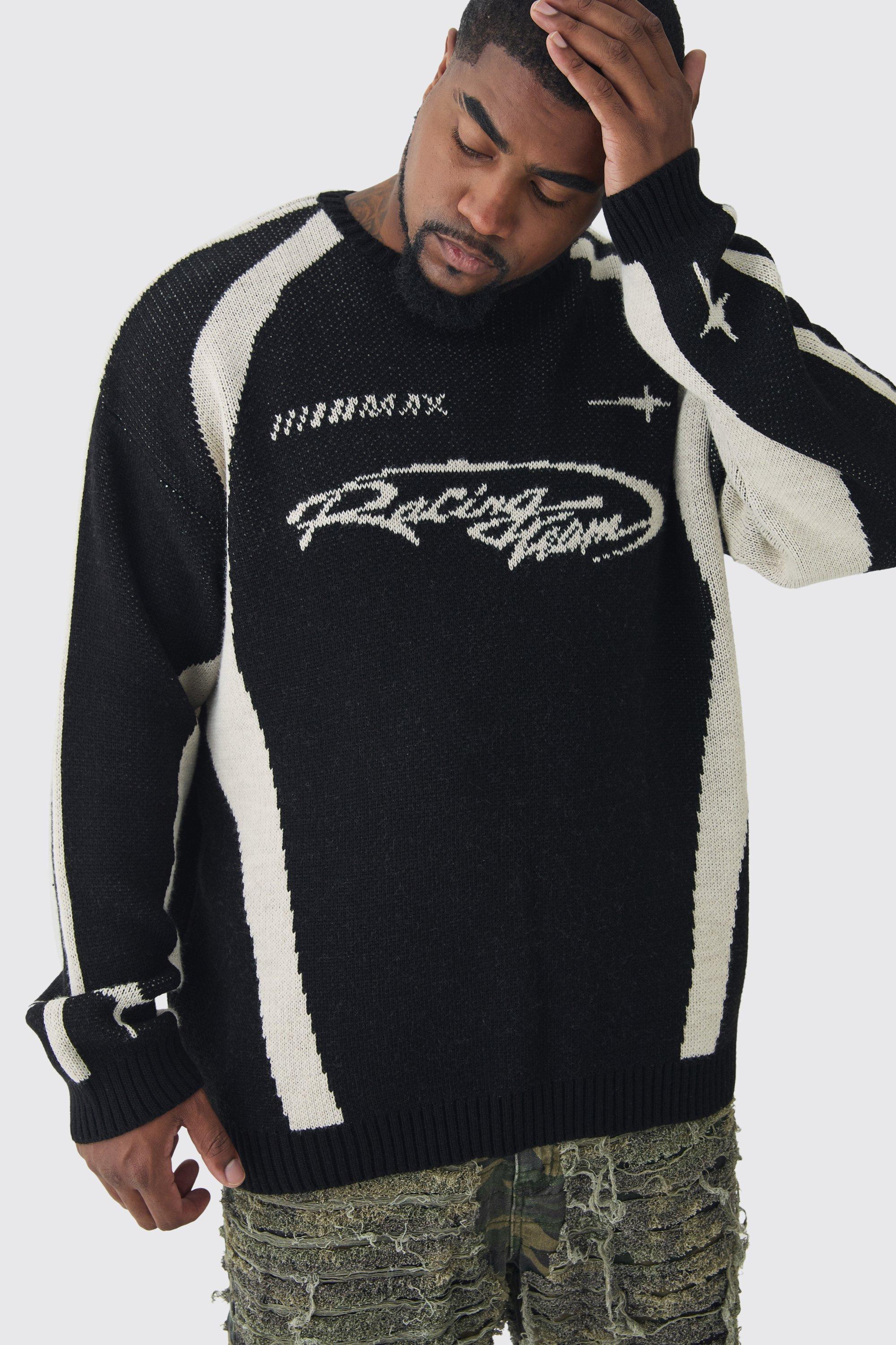 Plus Moto Crew Neck Knitted Sweater In Black | boohooMAN USA product image