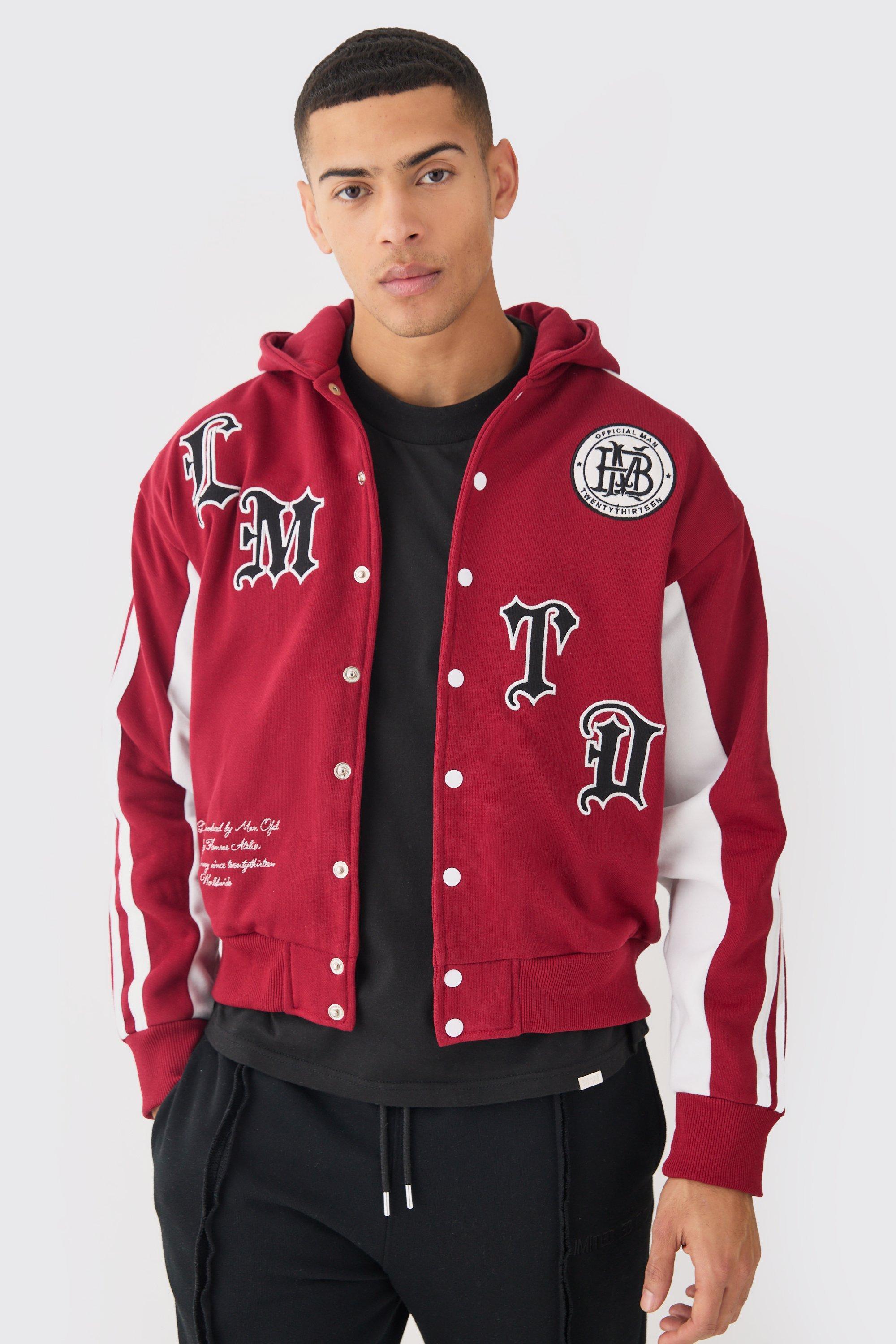 Mens Red Boxy Applique Tape Detail Jersey Varsity Jacket, Red Product Image