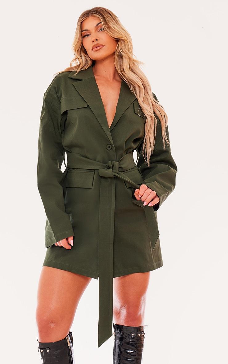 Khaki Woven Button Belted Blazer Dress Product Image