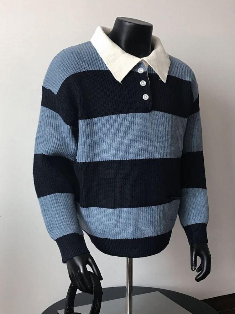 Drop Shoulder Striped Polo Collar Sweater Product Image