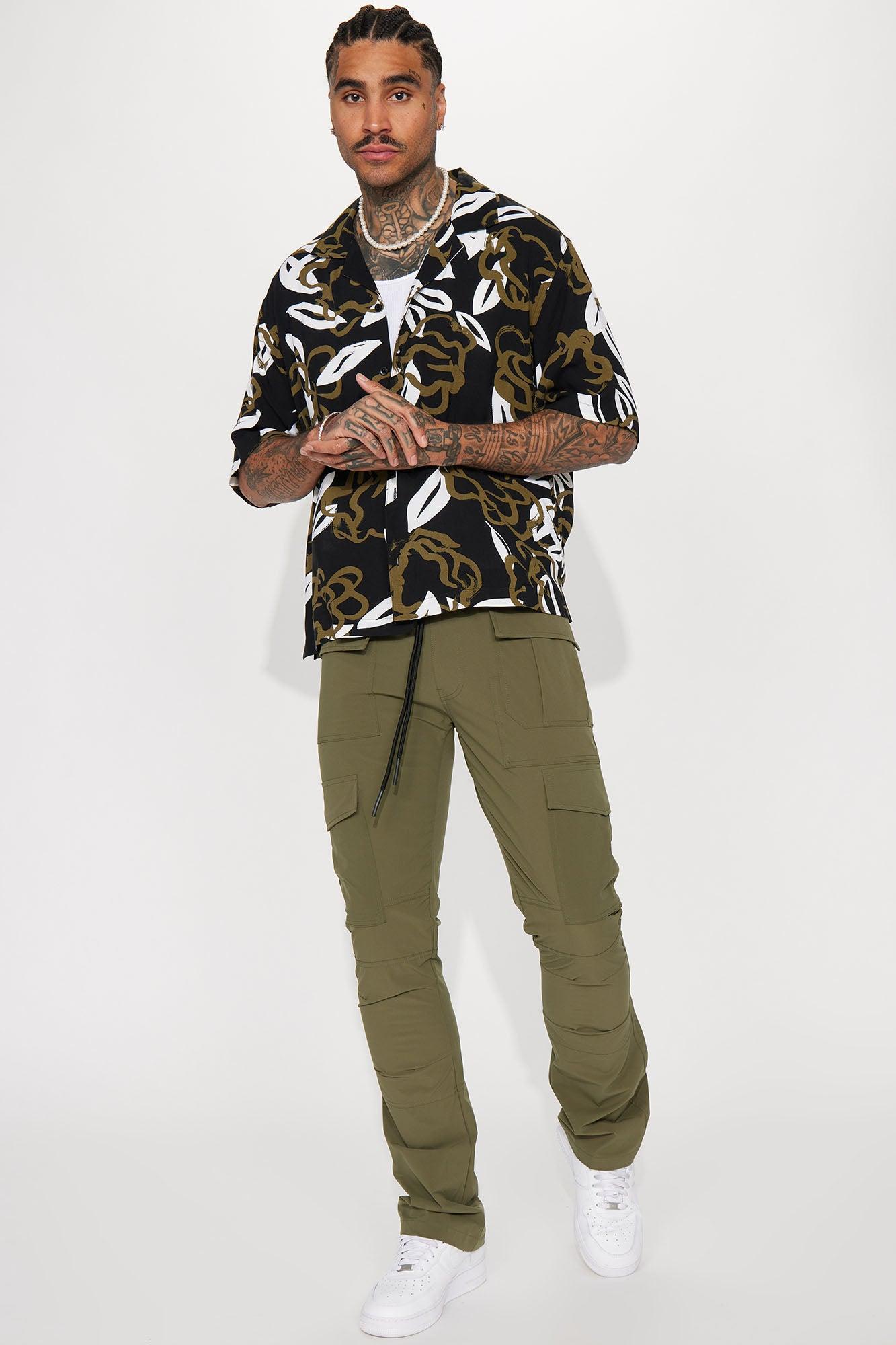 On Your Mind Stacked Flare Nylon Pants - Olive Product Image