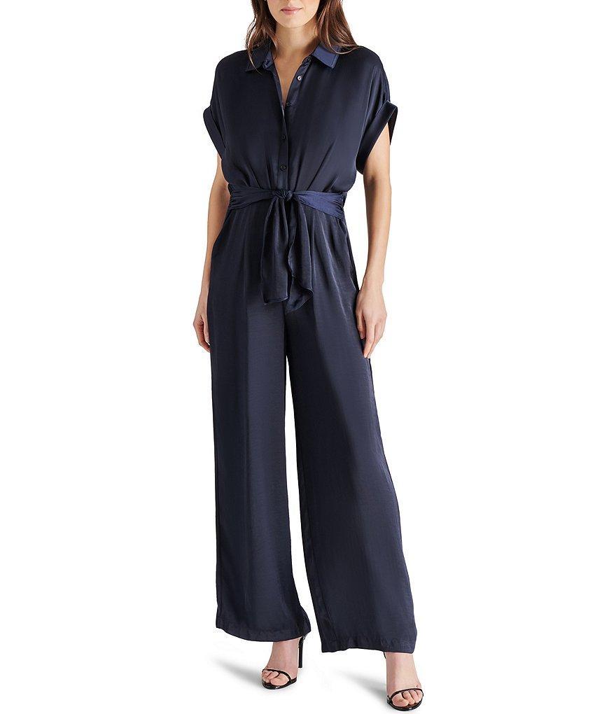 Steve Madden Tori Collared Neck Tie Waist Short Sleeve Jumpsuit Product Image