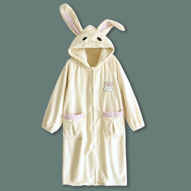 Rabbit Patterned Hood Coral Fleece Button Robe Product Image