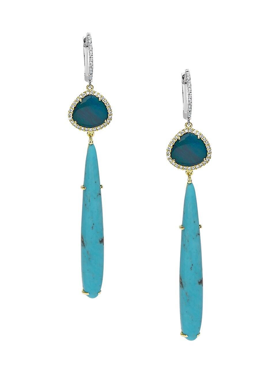 Womens 14K Gold, Diamond, Opal & Turquoise Drop Earrings Product Image