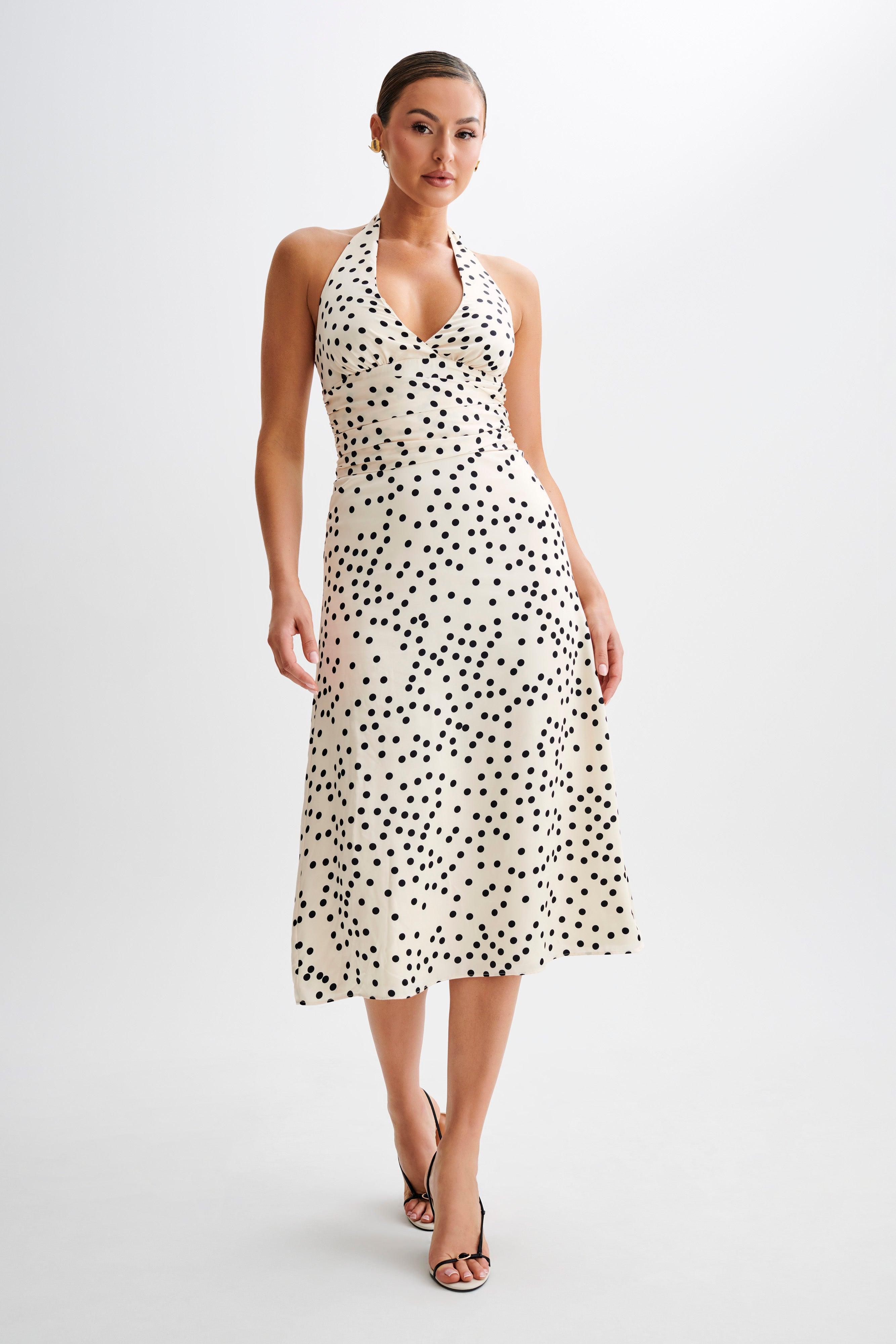 Marguerite Satin Halter Midi Dress - Polkadot Product Image