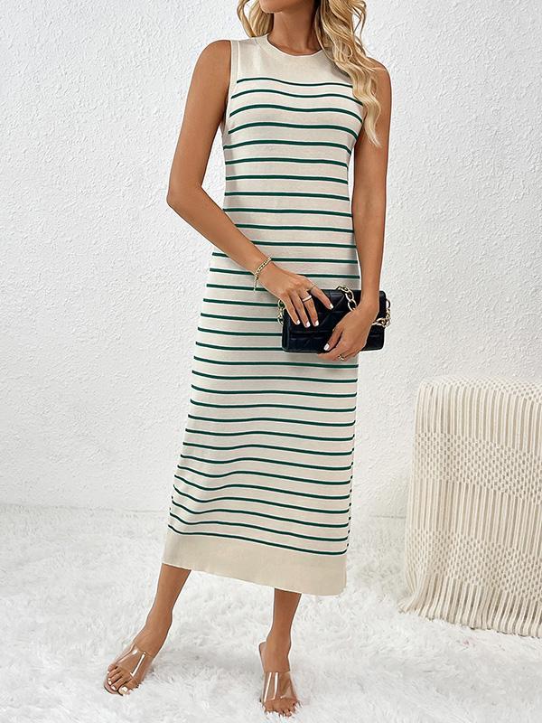 Loose Sleeveless Striped Round-Neck Knit Dresses Midi Dresses Product Image