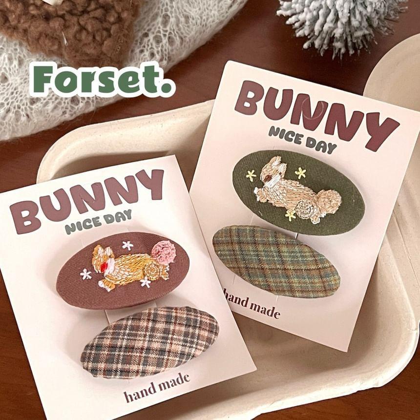 Set: Rabbit Embroidered Hair Clip + Plaid Hair Clip Product Image