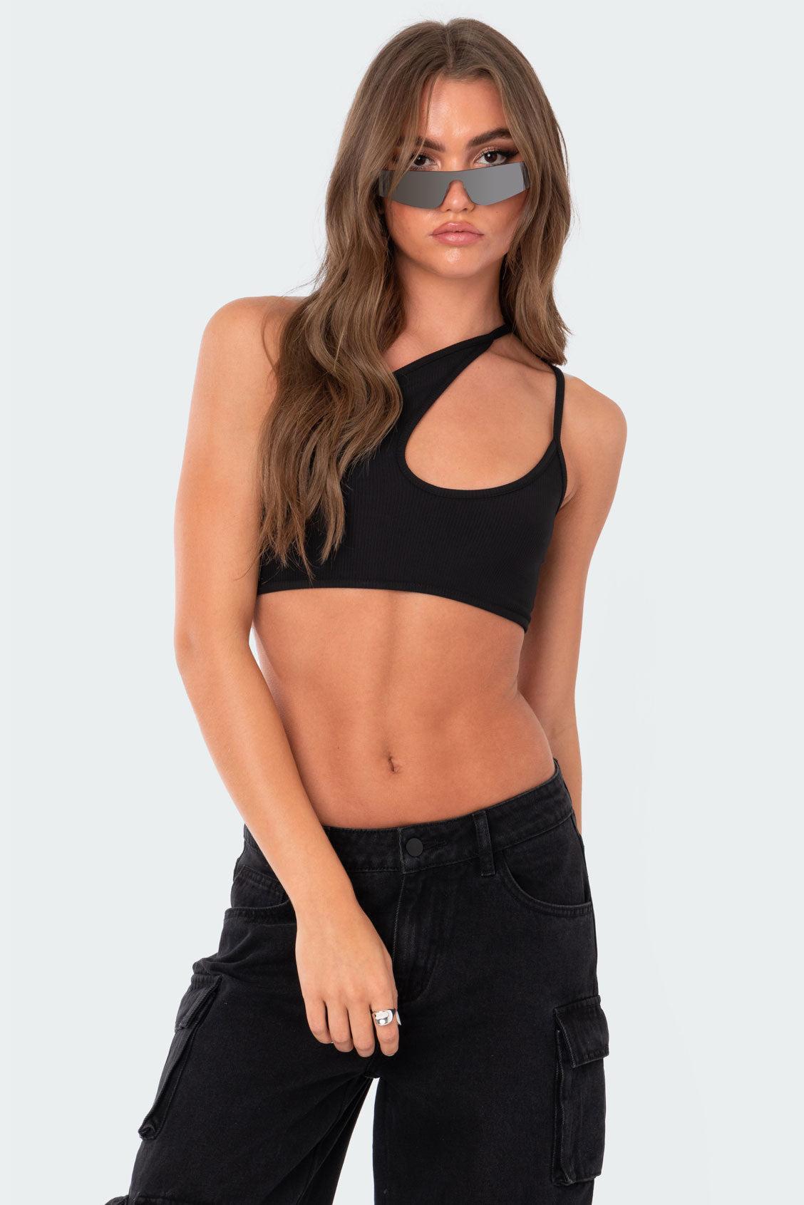 Asymmetrical Ribbed Cut Out Crop Top Product Image