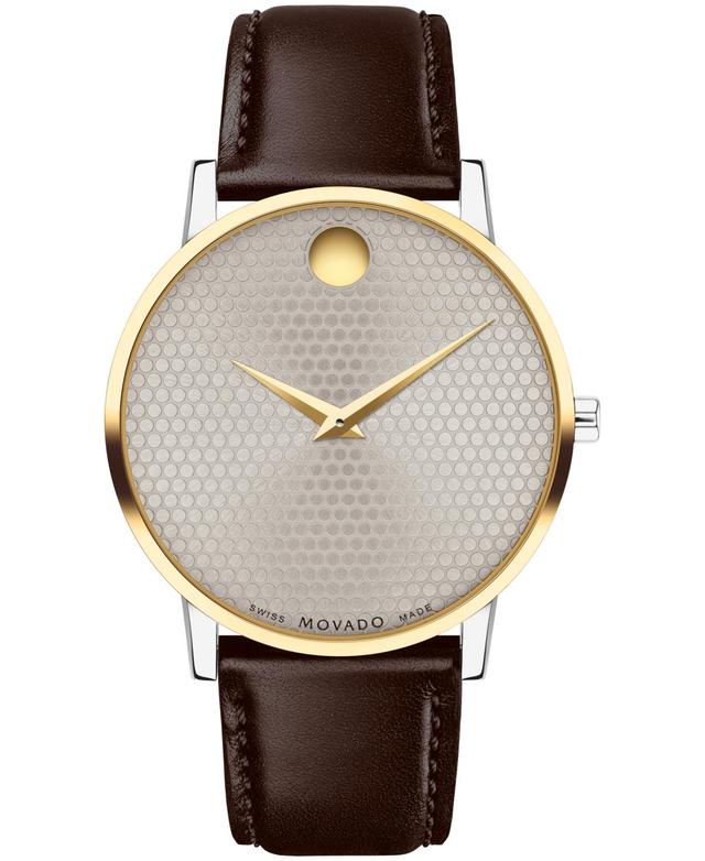 Men's Movado MuseumÂ® Classic Gold-Tone PVD Brown Strap Watch with Dotted Grey Dial (Model: 0607800) Product Image