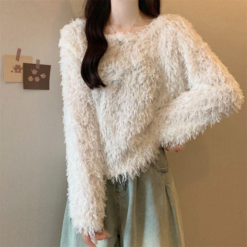 Long-Sleeve Round Neck Plain Fluffy Knit Top Product Image