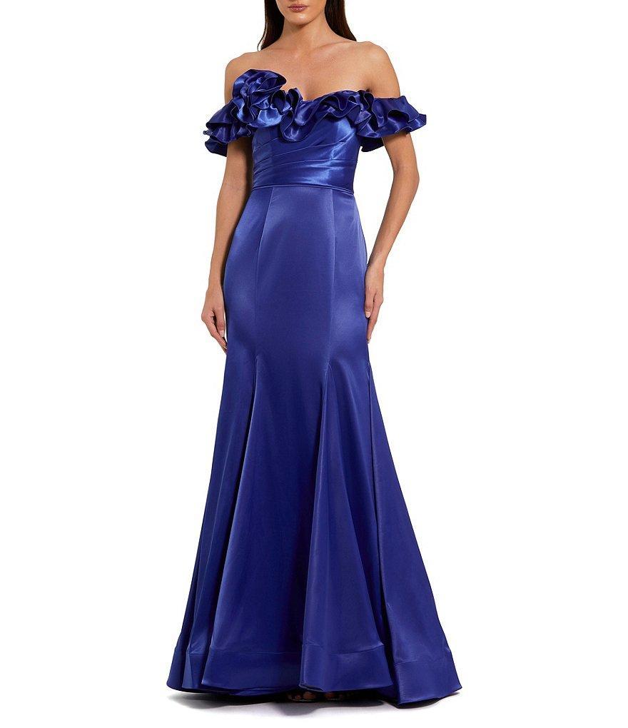 Mac Duggal Satin Off The Shoulder Ruffle 3D Flower Flutter Sleeve Pleated Mermaid Gown Product Image