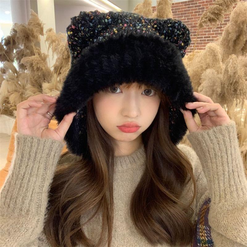 Bear Ear Melange Faux Fur Knit Hat Product Image