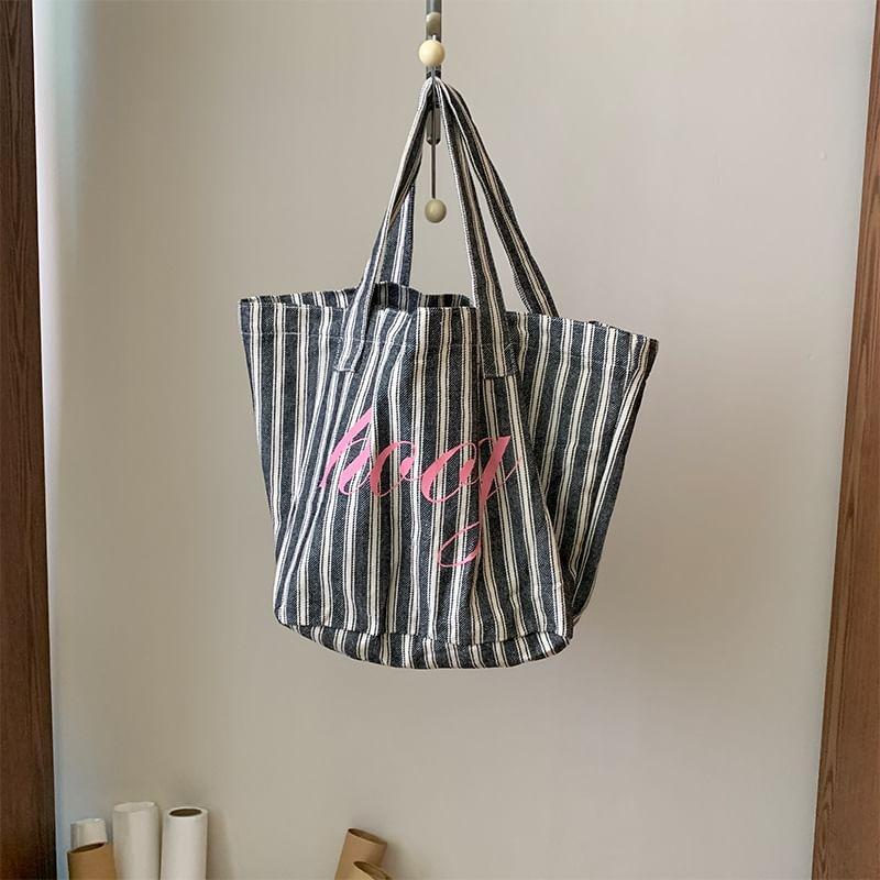 Lettering Striped Canvas Tote Bag Product Image