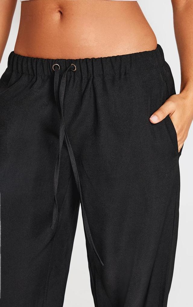 Petite Black Premium Woven Drawstring Waistband Low Rise Pants Product Image