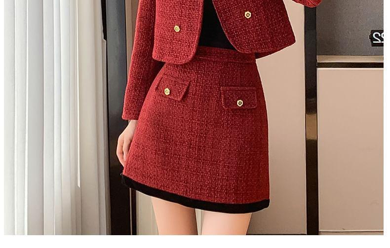 Set: Tweed Double-Breasted Jacket + High Rise Mini A-Line Skirt Product Image