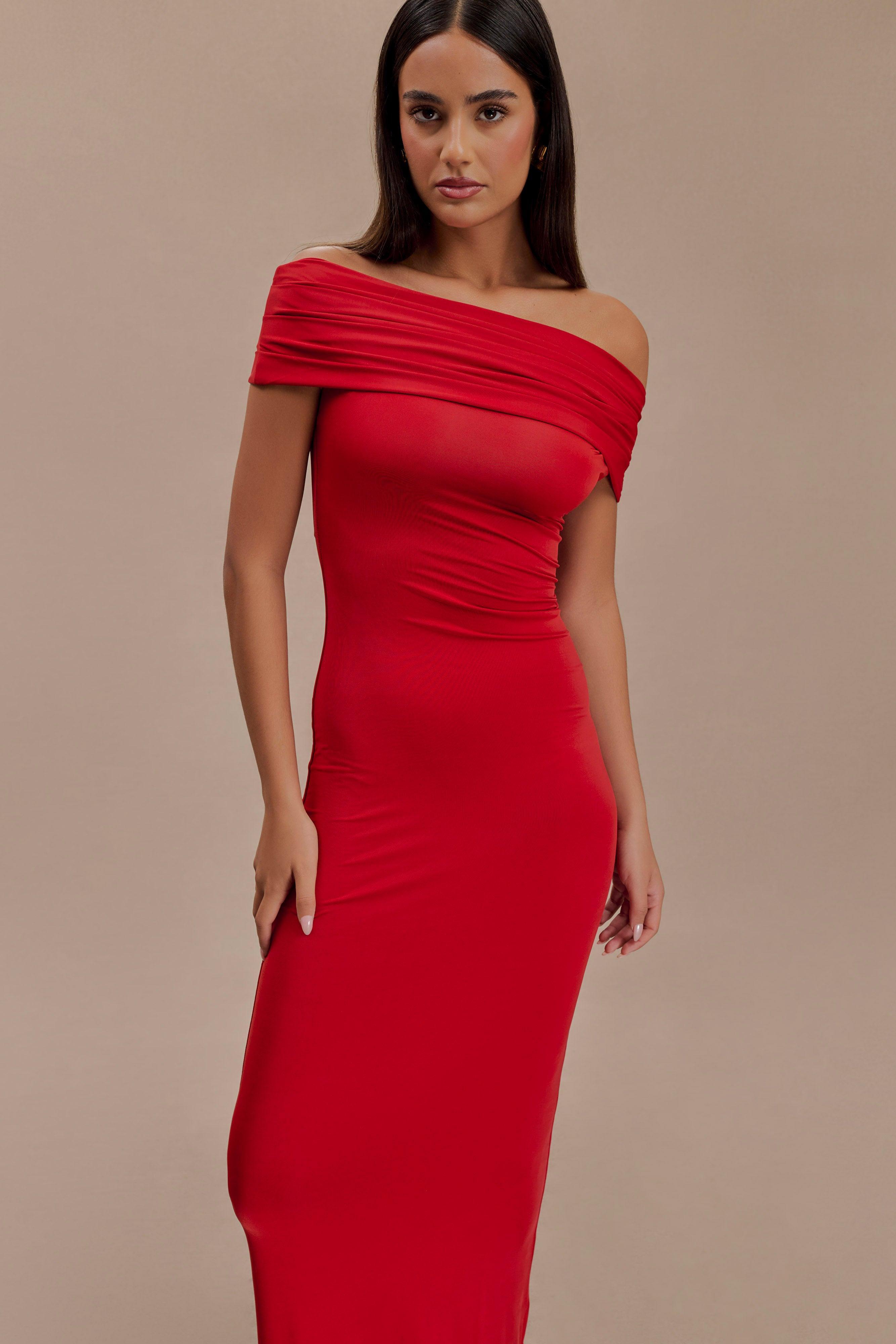 Cassandra Off Shoulder Slinky Maxi Dress - Red Product Image