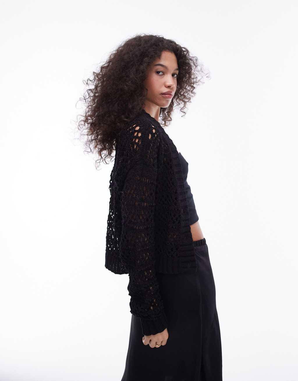 Topshop knit mix stitch cardigan in black Product Image