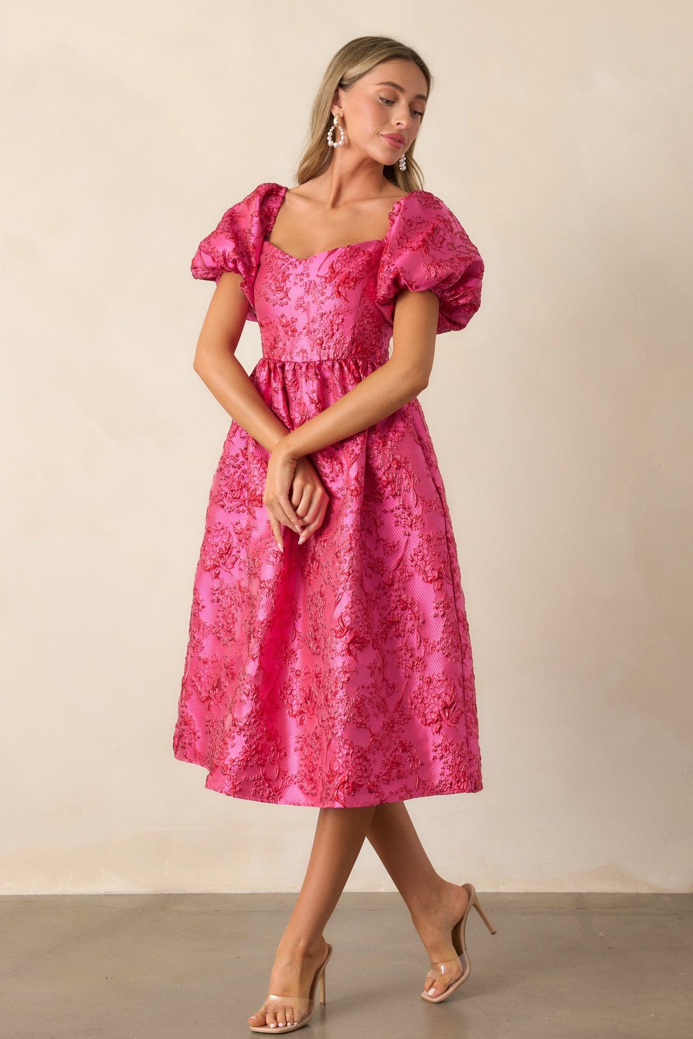 Blooming Hearts Pink Floral Jacquard Midi Dress Product Image