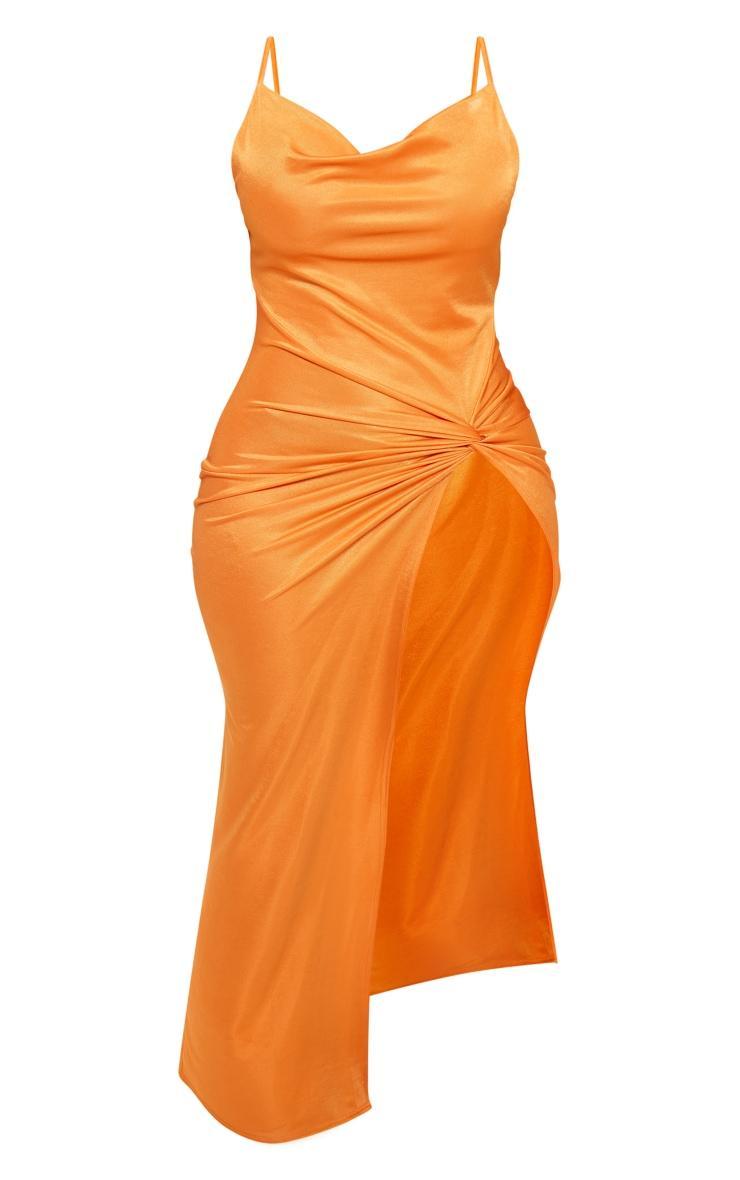 Shape Bright Orange Satin Cowl Neck Cross Back Knot Side Midaxi Dress Product Image