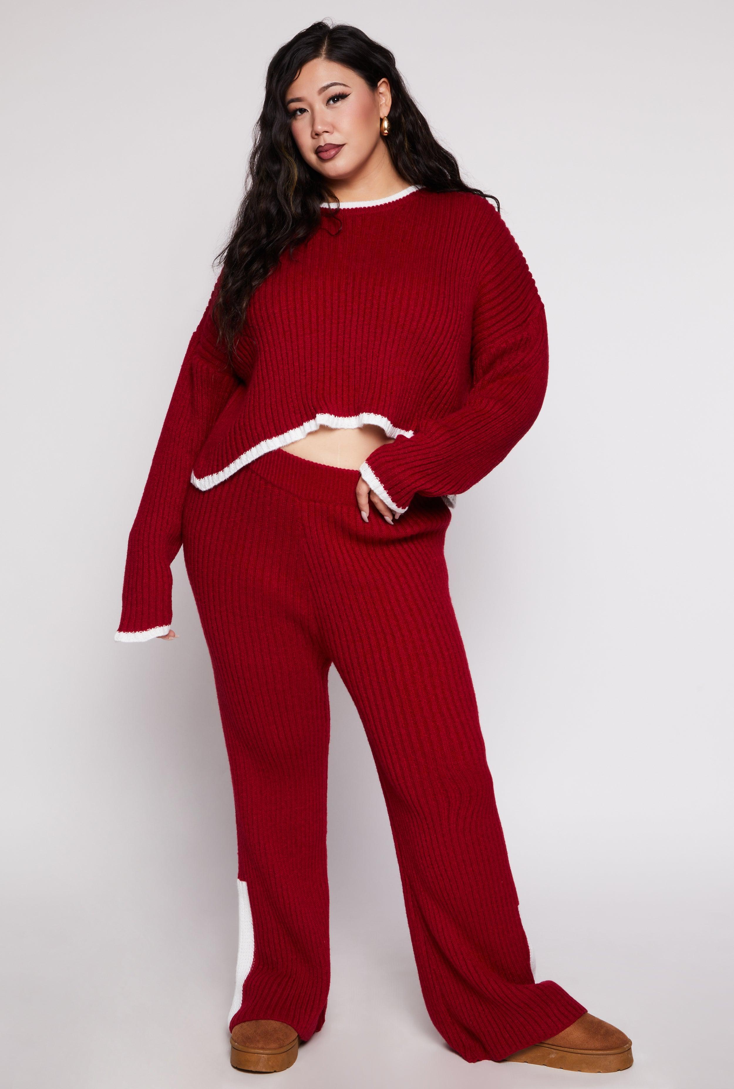 Womens Plus Size Knit Contrast Stripe High Waist Flare Pants Product Image