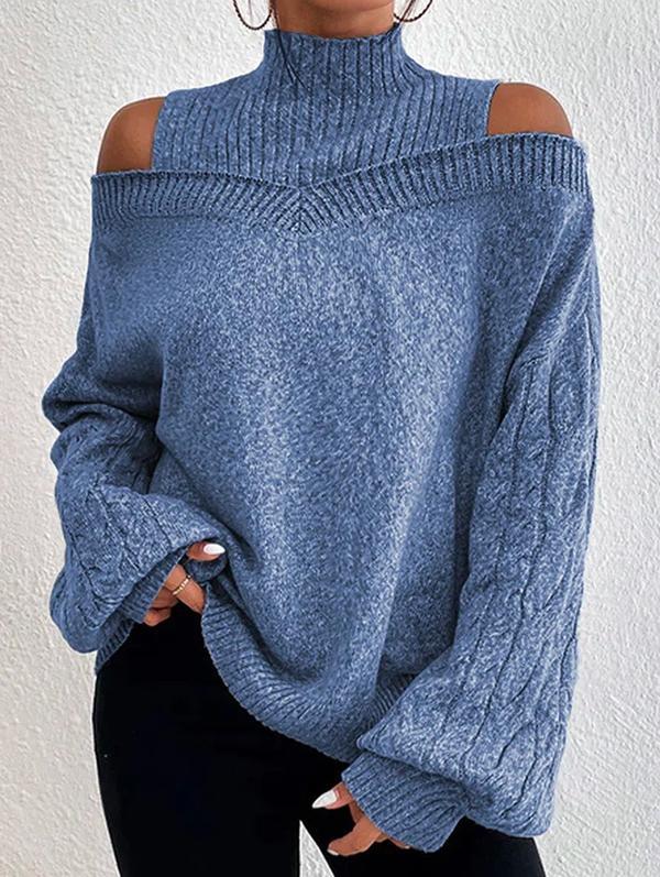 Long Sleeves Loose Hollow Solid Color Split-Joint Cold Shoulder Pullovers Sweater Tops Product Image