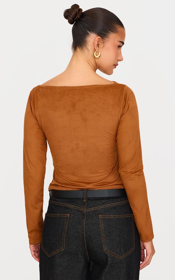 Tan Faux Suede Boatneck Long Sleeve Top Product Image