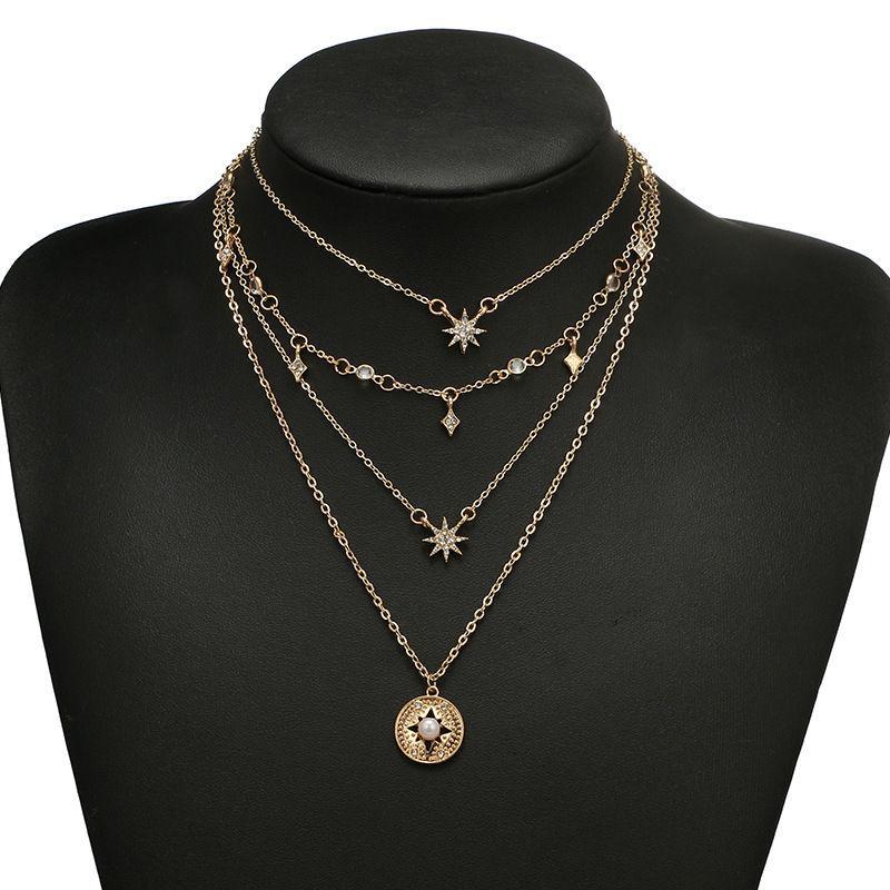 Rhinestone Disc Pendant & Star Layered Necklace Product Image