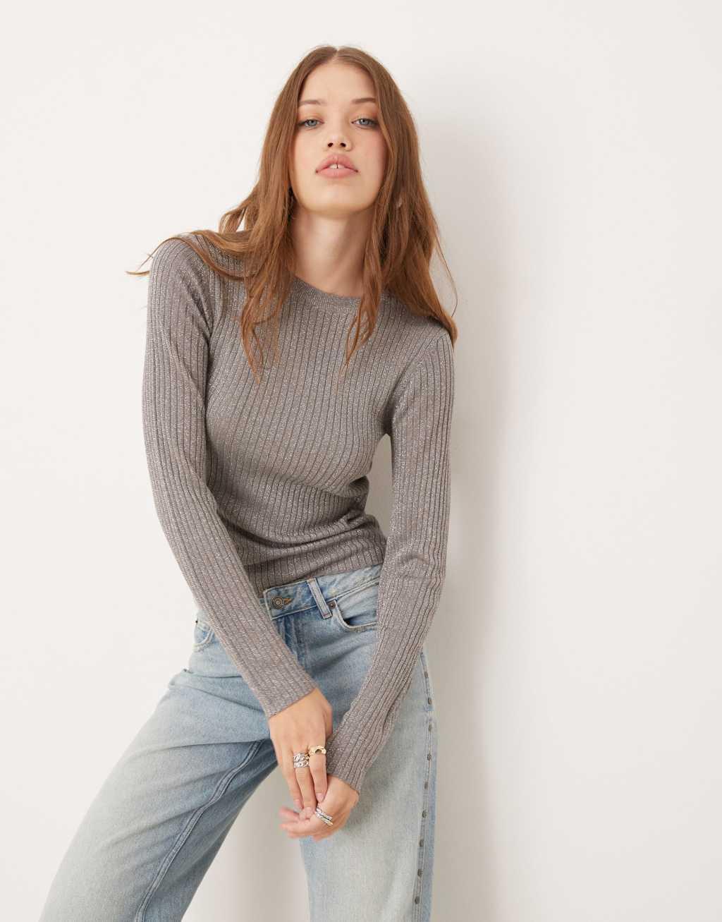 JDY long sleeve knit top in silver  Product Image