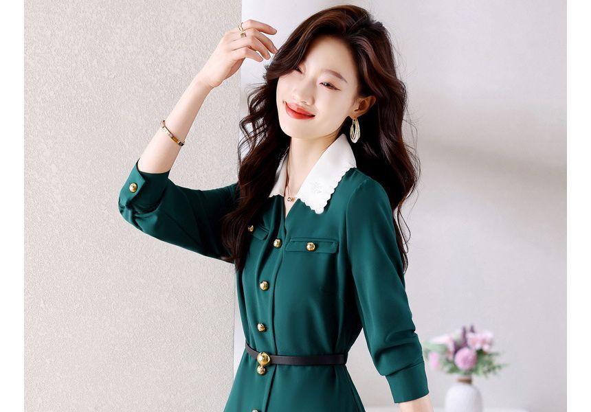 Long-Sleeve Collared Button-Up Midi A-Line Dress Product Image